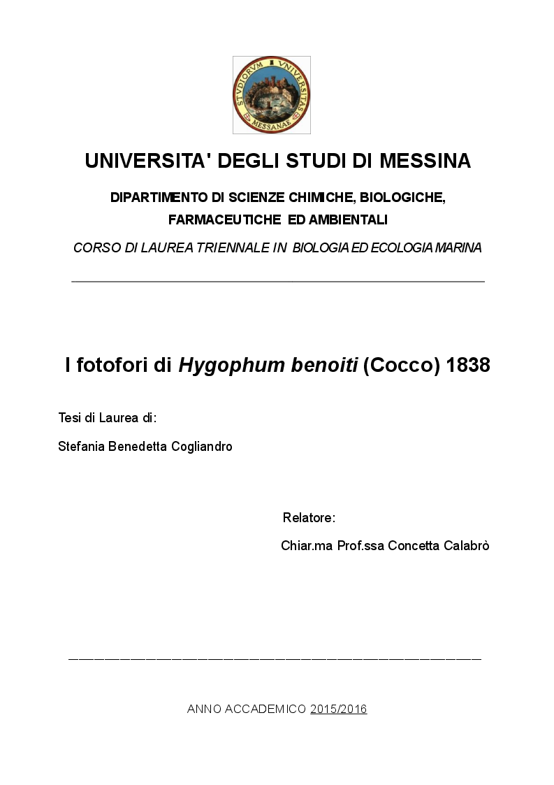 Anteprima della tesi: I fotofori di Hygophum benoiti (Cocco) 1838, Pagina 1