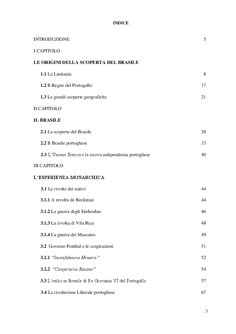 Indice della tesi: L'Impero del Brasile: una Monarchia americana, Pagina 1