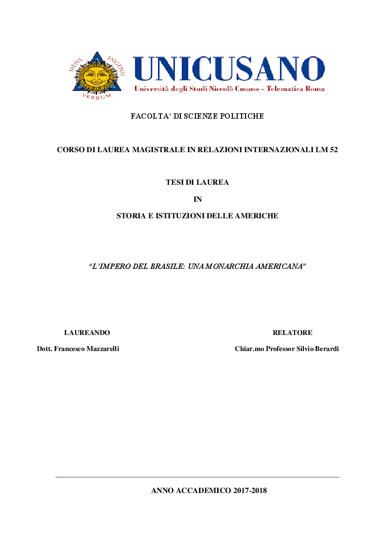 Anteprima della tesi: L'Impero del Brasile: una Monarchia americana, Pagina 1
