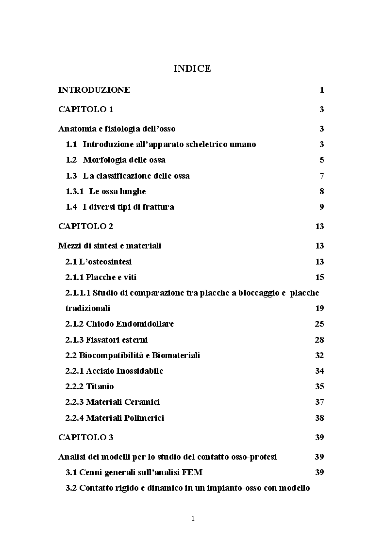 Indice della tesi: Analisi dei modelli per l’analisi del contatto fra osso e protesi, Pagina 1