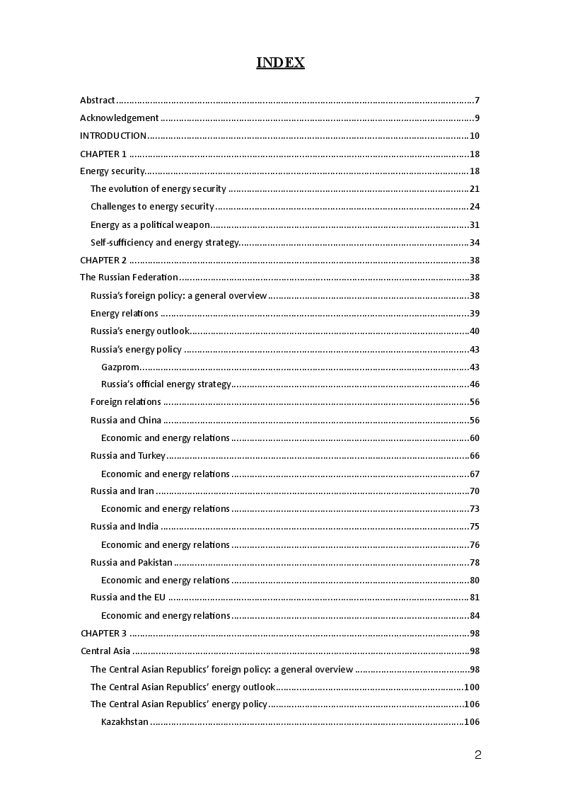 Indice della tesi: Three paths to energy security and Italy's future energy perspectives, Pagina 1