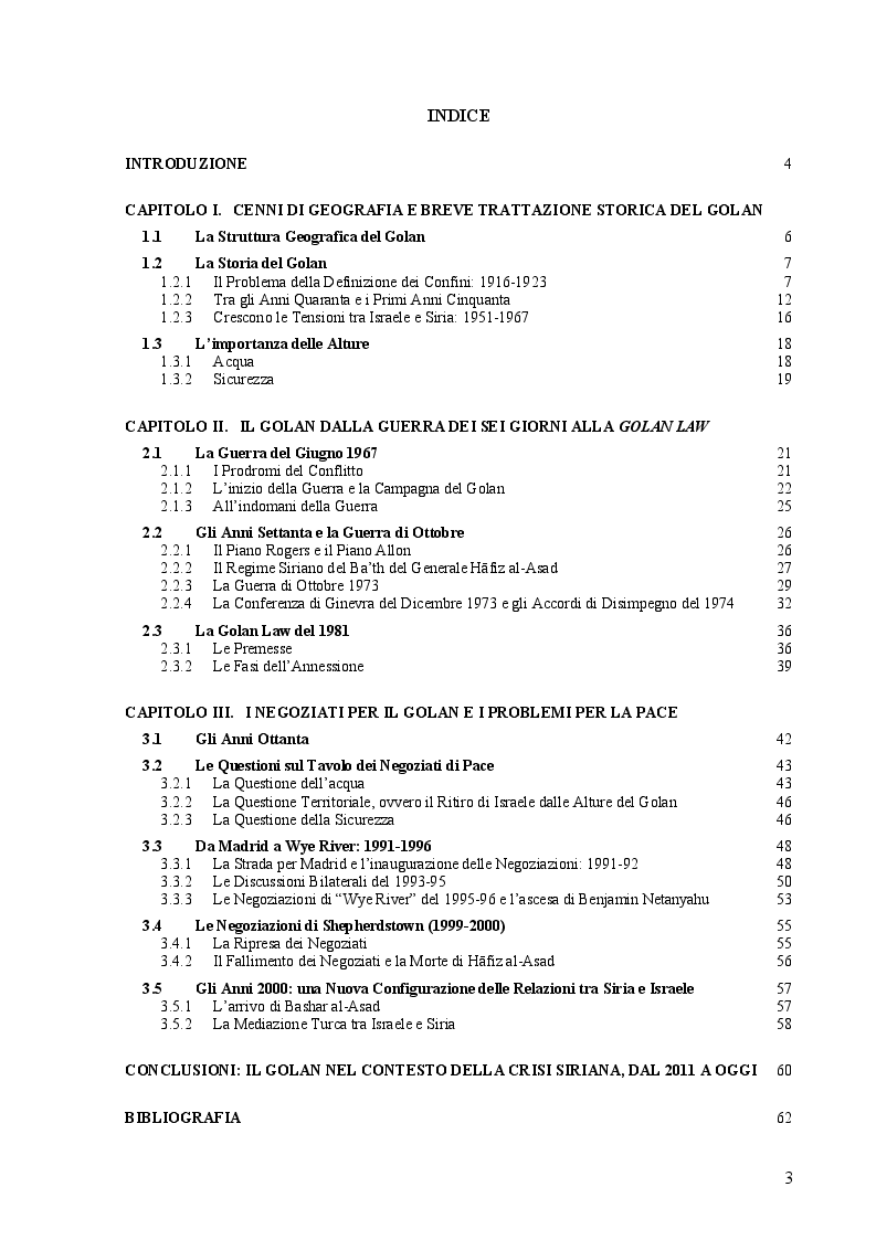 Indice della tesi: Le Alture della Discordia: il Golan tra Siria e Israele, Pagina 1