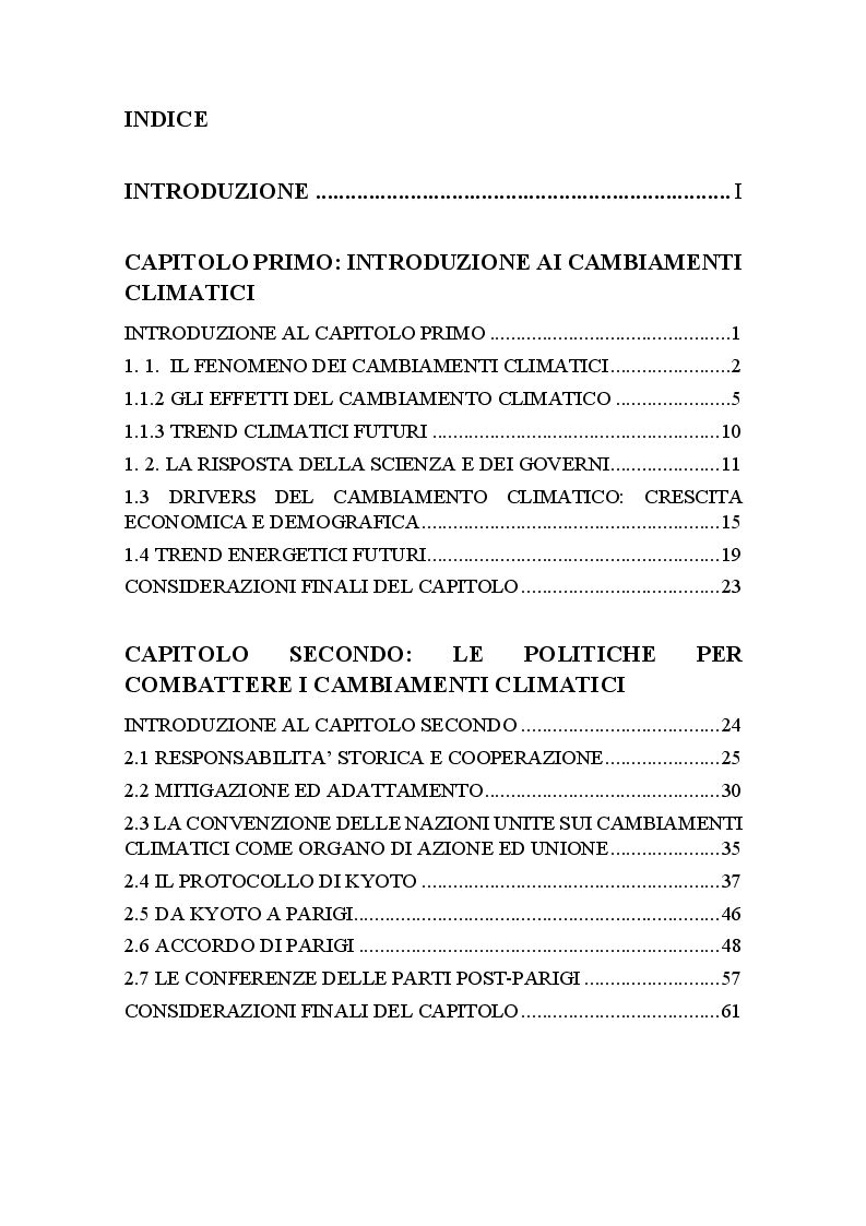 Indice della tesi: Cap and Trade e Carbon Taxes: analisi empirica e sviluppi futuri, Pagina 1