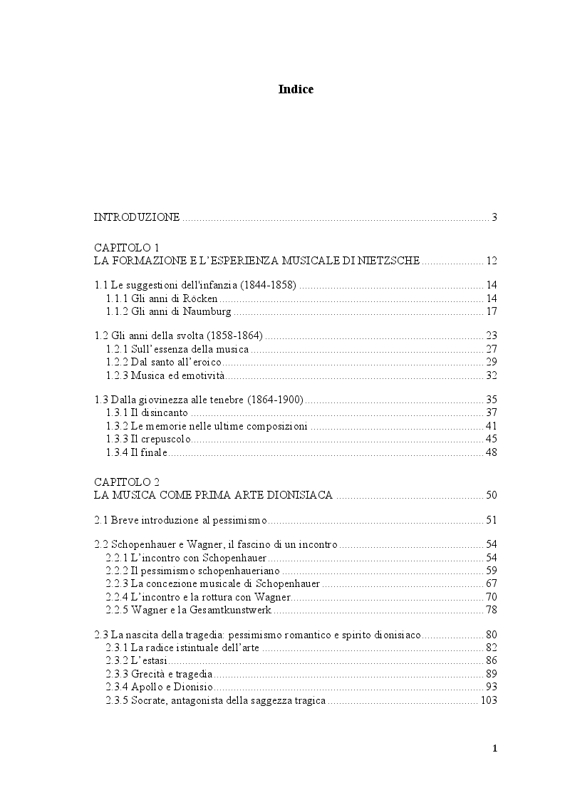 Indice della tesi: Friedrich Nietzsche. Musica e filosofia., Pagina 1