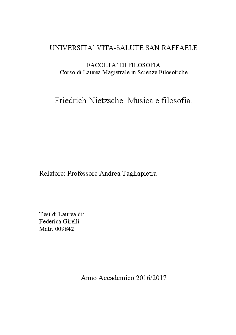 Anteprima della tesi: Friedrich Nietzsche. Musica e filosofia., Pagina 1