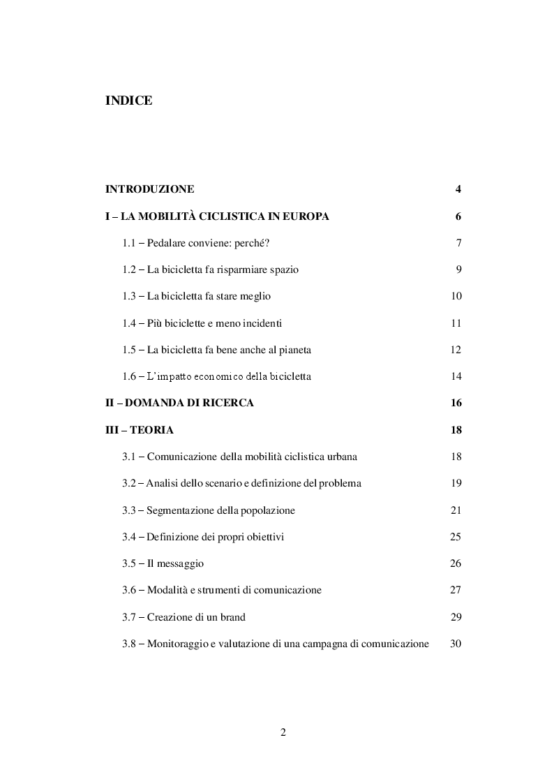 Indice della tesi: Come promuovere la mobilità ciclistica urbana: analisi di strategie comunicative adottate da cinque città europee, Pagina 1