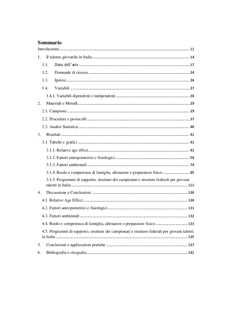 Indice della tesi: Fattori limitanti l'emersione del talento nel calcio giovanile italiano, Pagina 1