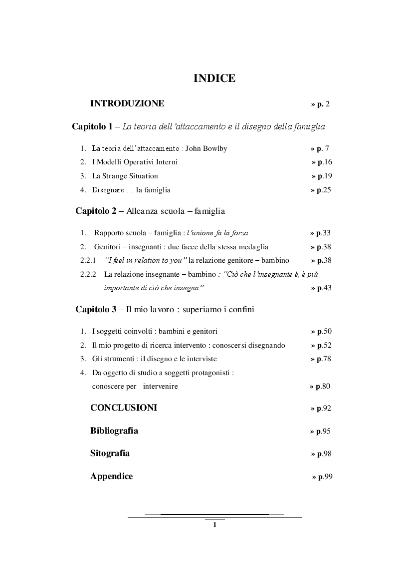 Indice della tesi: Sentirsi a casa - un'indagine esplorativa nella Scuola dell'Infanzia ''Il melograno'', Pagina 1