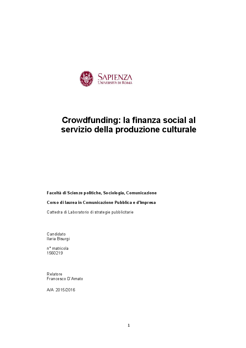 Anteprima della tesi: Crowdfunding. La finanza social al servizio della produzione culturale, Pagina 1