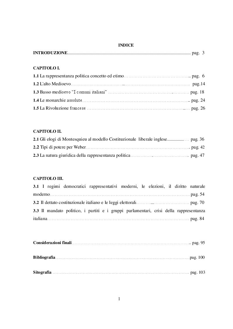 Indice della tesi: La rappresentanza politica dal medioevo all'età moderna, Pagina 1