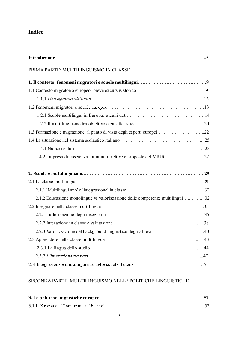 Indice della tesi: Il multilinguismo europeo: la risposta delle scuole e le politiche linguistiche, Pagina 1
