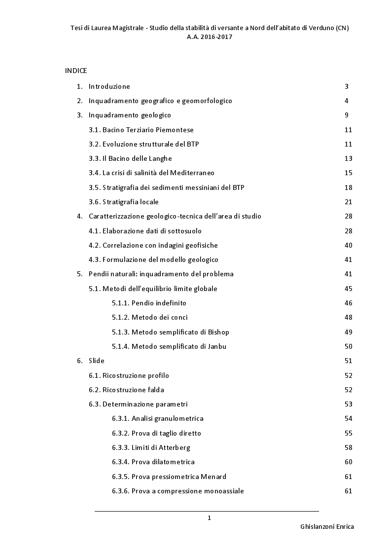 Indice della tesi: Studio della stabilità di versante a Nord dell'abitato di Verduno (CN), Pagina 1