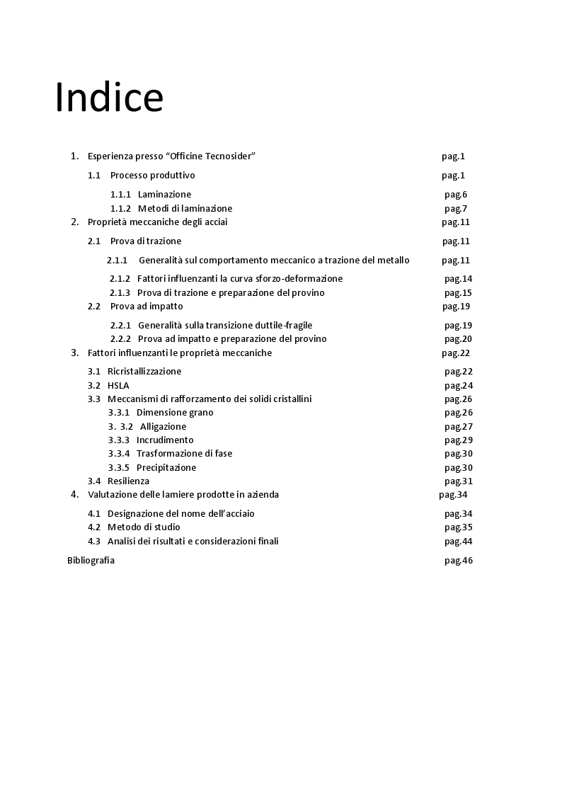 Indice della tesi: Studio e correlazione tra metodi di laminazione, proprietà intrinseche dei metalli e risultati dei test meccanici, Pagina 1