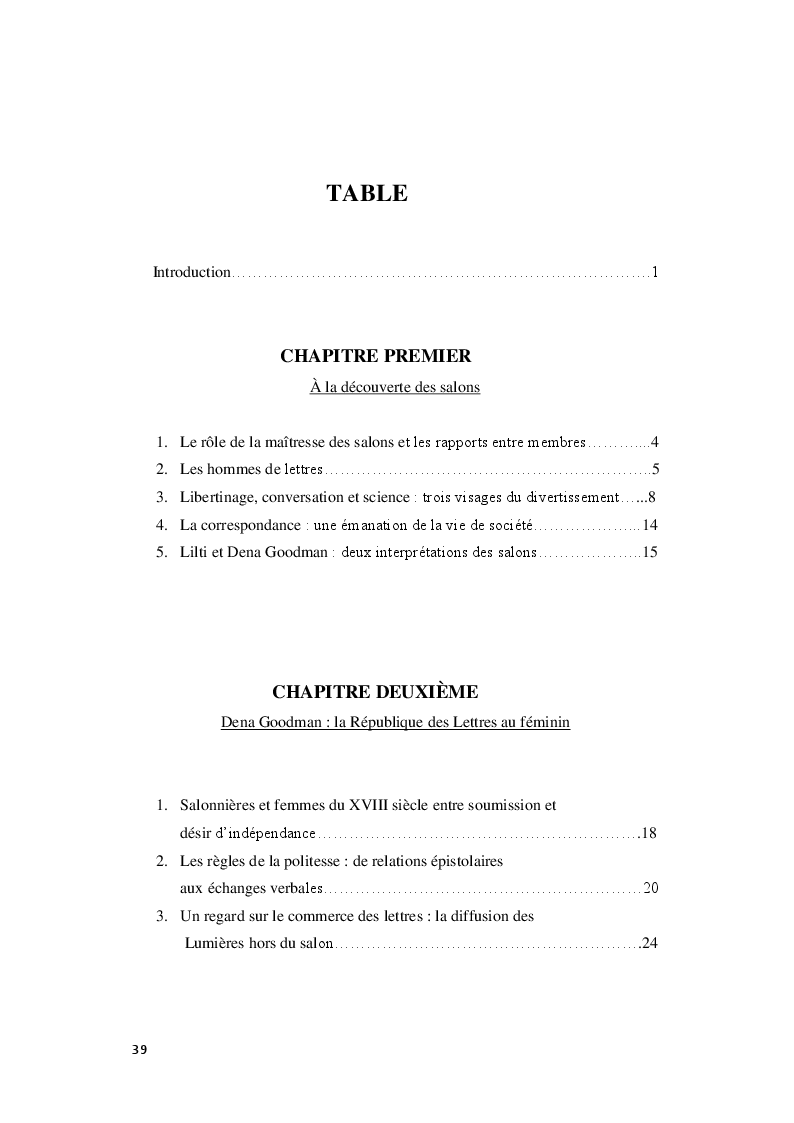 Indice della tesi: Le Royaume de la politesse: l'identité des femmes à la période des Lumières et de la culture salonnière, Pagina 1