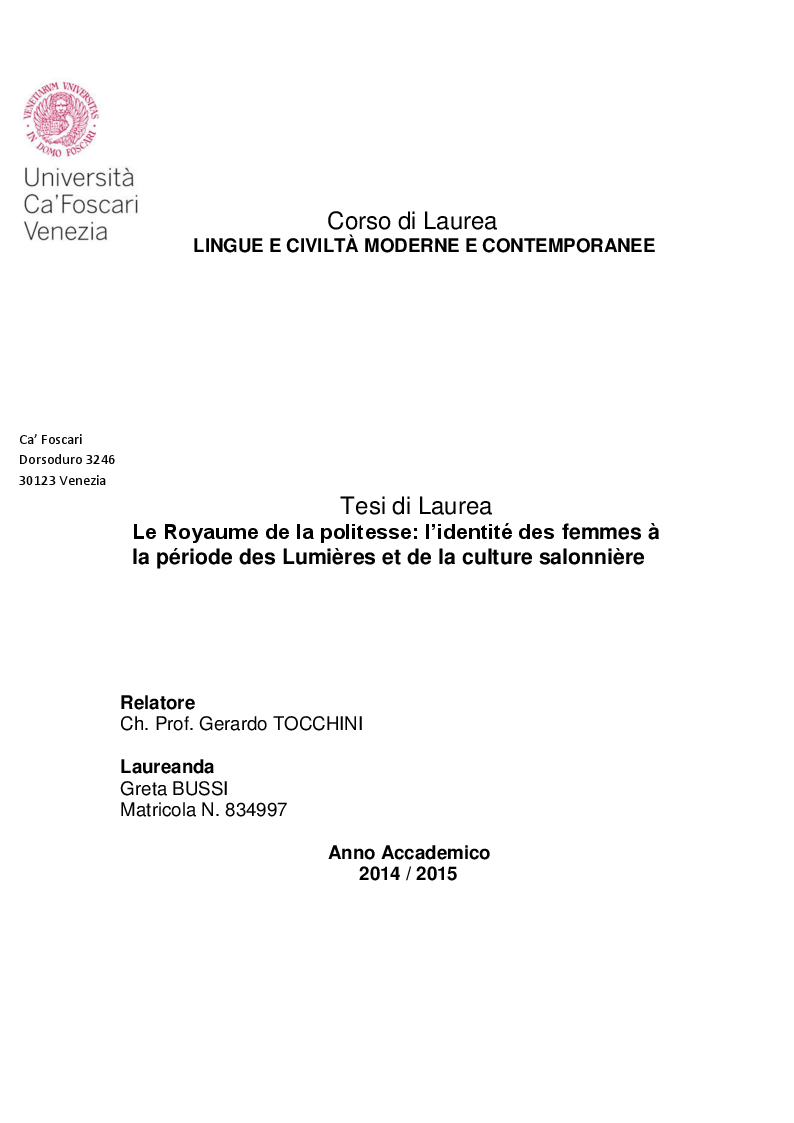 Anteprima della tesi: Le Royaume de la politesse: l'identité des femmes à la période des Lumières et de la culture salonnière, Pagina 1