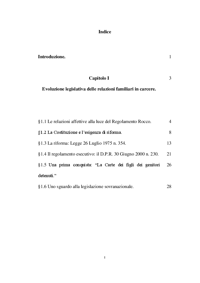 Indice della tesi: L'affettività alla prova del carcere: disciplina vigente e prospettive di riforma, Pagina 1