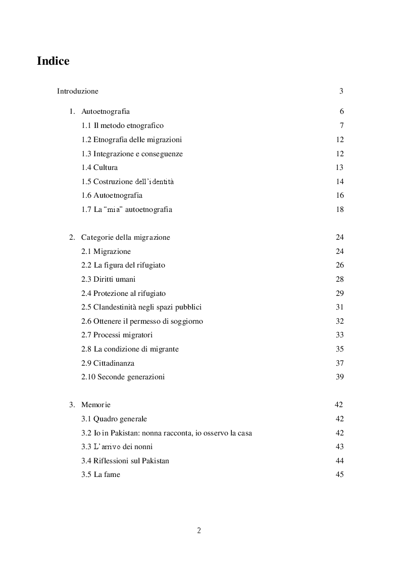 Indice della tesi: Migrazioni e seconde generazioni: uno sguardo autoetnografico, Pagina 1