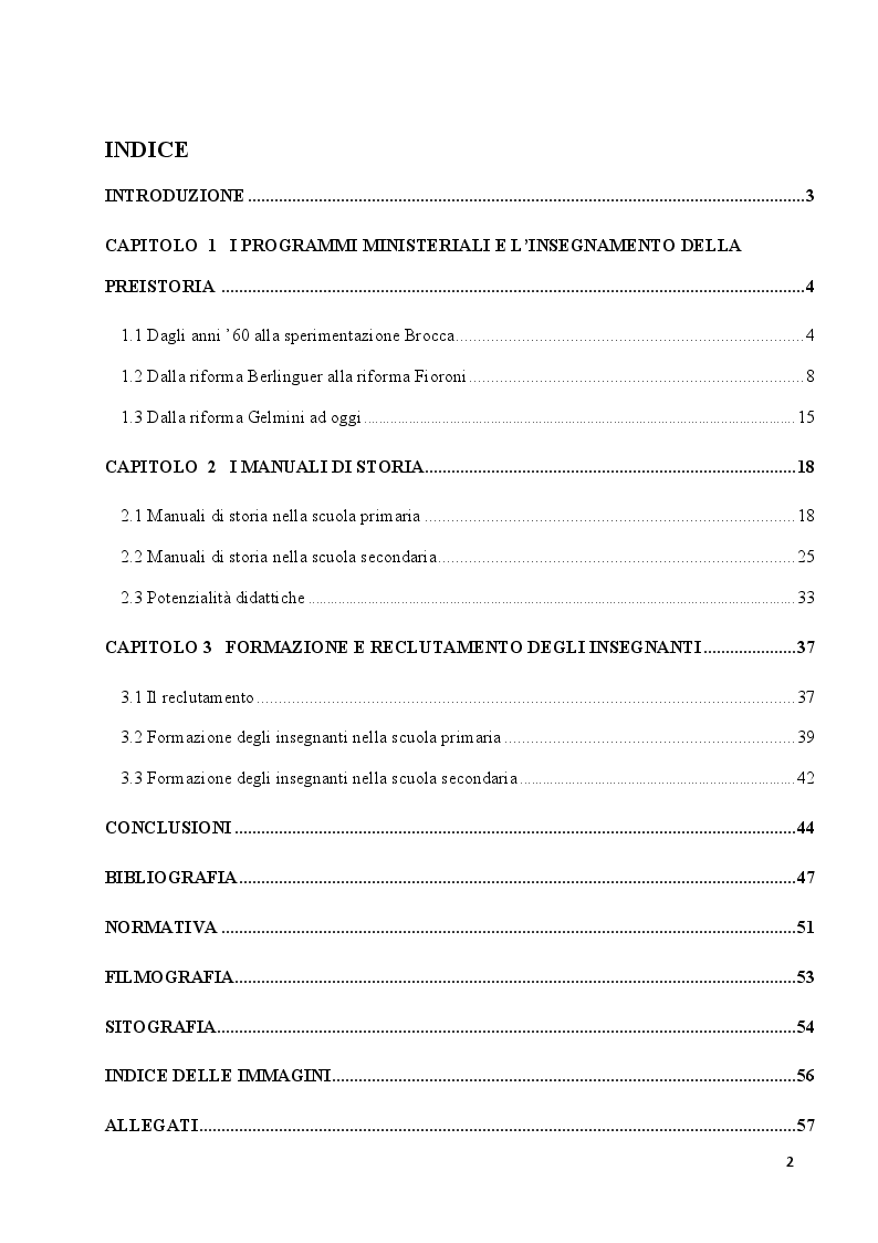 Indice della tesi: L'insegnamento della preistoria nella scuola italiana, Pagina 1