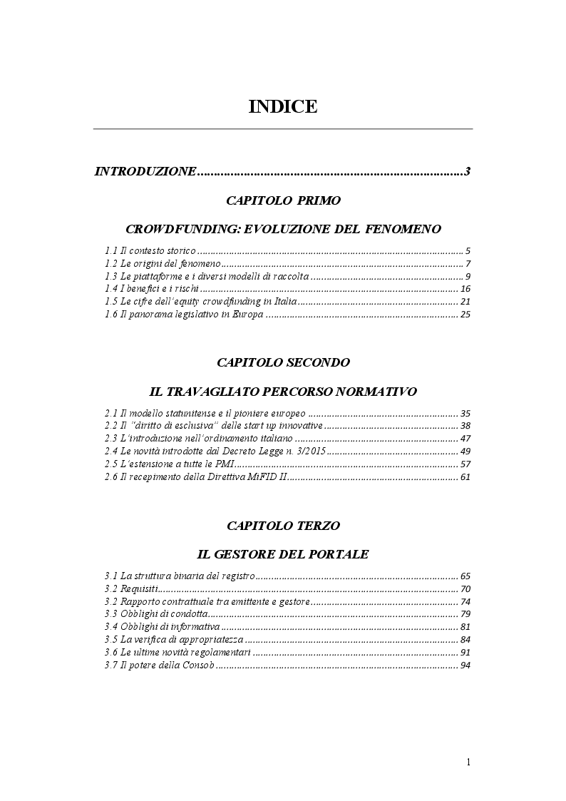 Indice della tesi: L'operazione di Equity Crowdfunding, Pagina 1