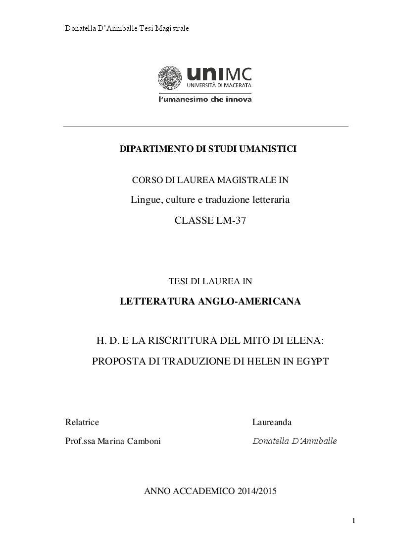Anteprima della tesi: Hilda Doolittle e la riscrittura del Mito di Elena: Proposta di Traduzione di Helen in Egypt, Pagina 1