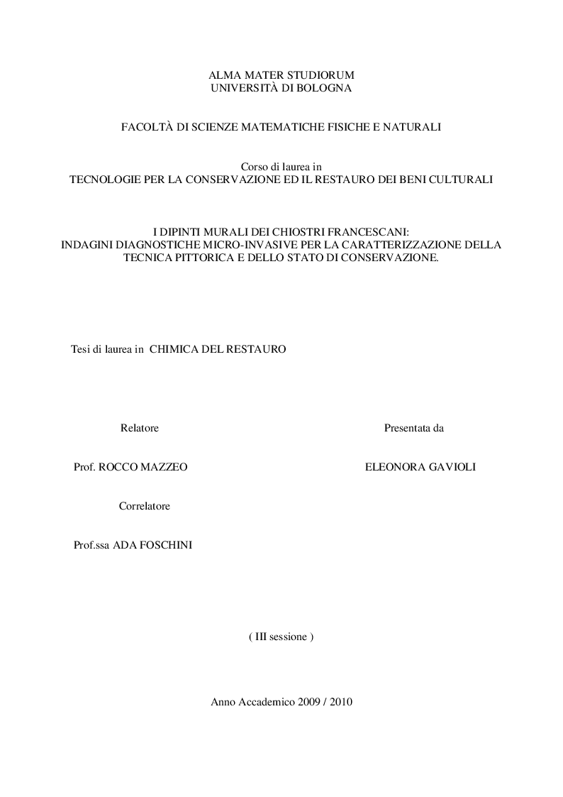 Anteprima della tesi: I dipinti murali dei chiostri francescani: indagini diagnostiche micro-invasive per la caratterizzazione della tecnica pittorica e dello stato di conservazione, Pagina 1