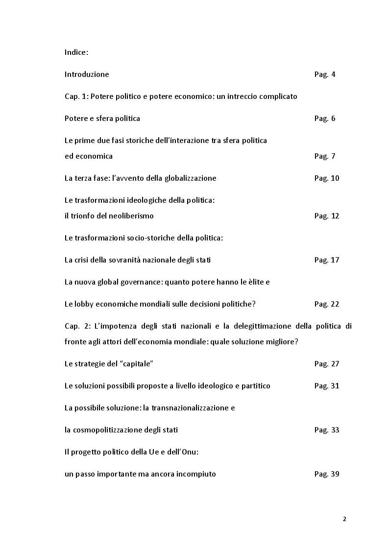Indice della tesi: Potere politico e potere economico nell'era della globalizzazione: un rapporto complesso, Pagina 1