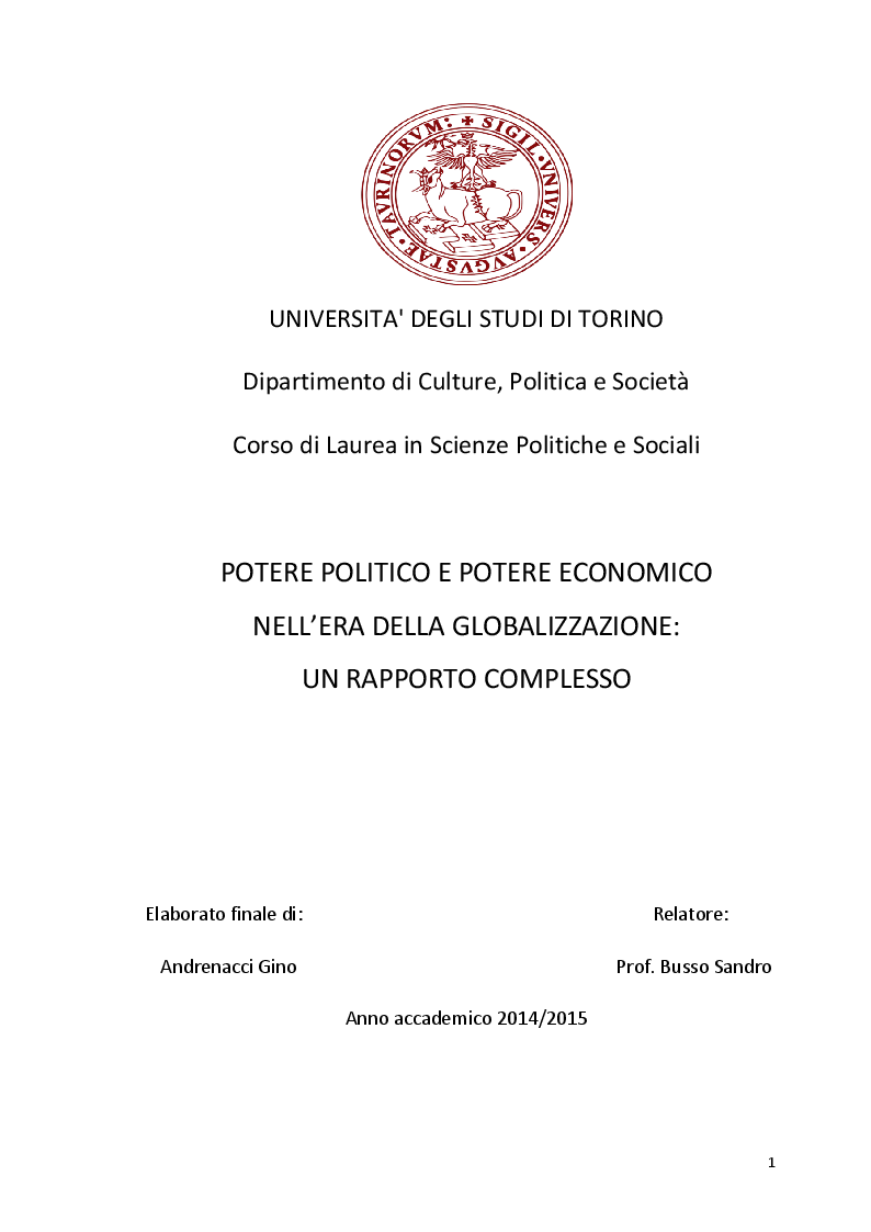 Anteprima della tesi: Potere politico e potere economico nell'era della globalizzazione: un rapporto complesso, Pagina 1