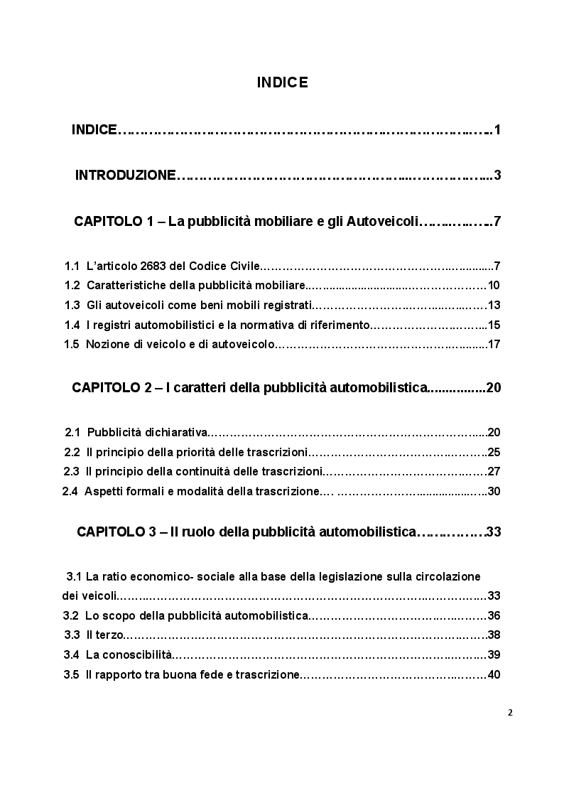 Indice della tesi: La pubblicità mobiliare degli autoveicoli, Pagina 1