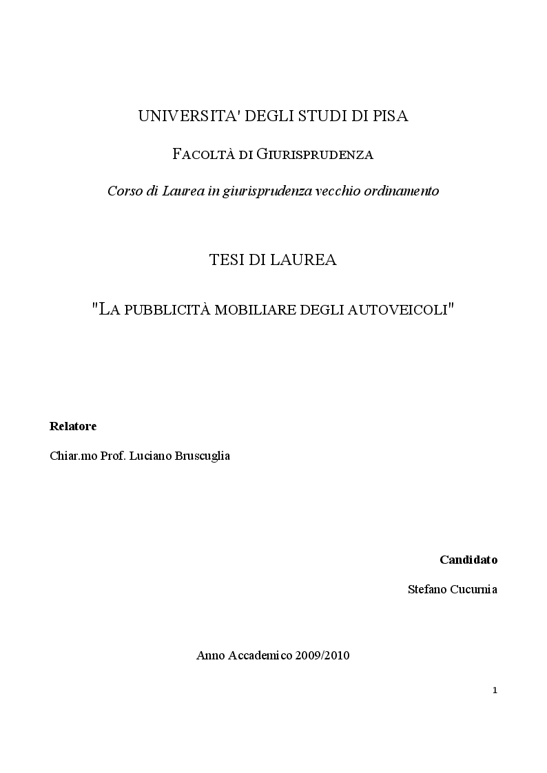 Anteprima della tesi: La pubblicità mobiliare degli autoveicoli, Pagina 1