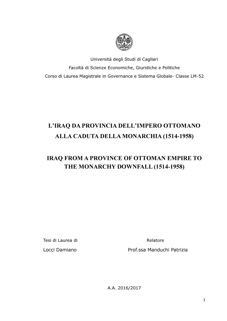 Anteprima della tesi: L'Iraq da provincia dell'Impero Ottomano alla caduta della monarchia (1514 - 1958), Pagina 1
