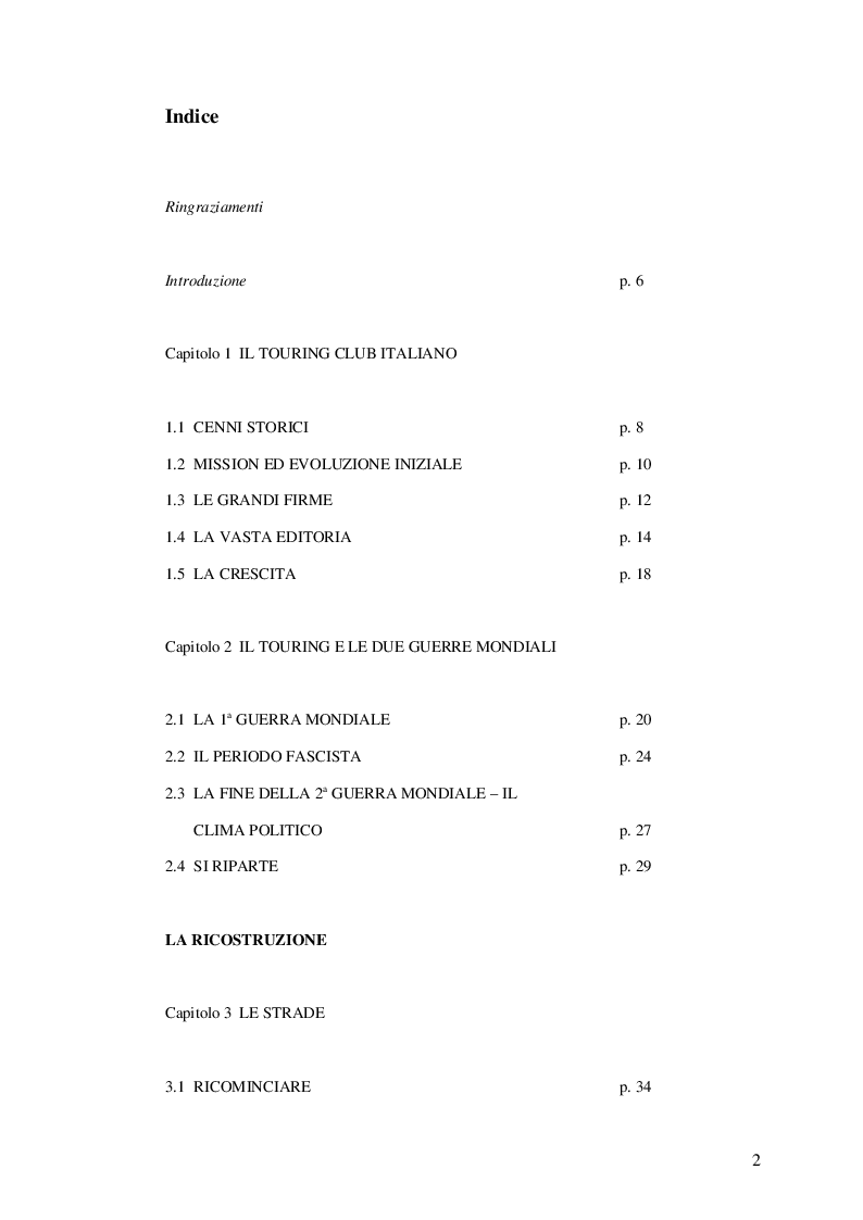 Indice della tesi: Appunti di una nazione che rinasce: il ruolo di testimonianza del Touring Club Italiano nella prima fase della ricostruzione italiana nel secondo dopoguerra, Pagina 1