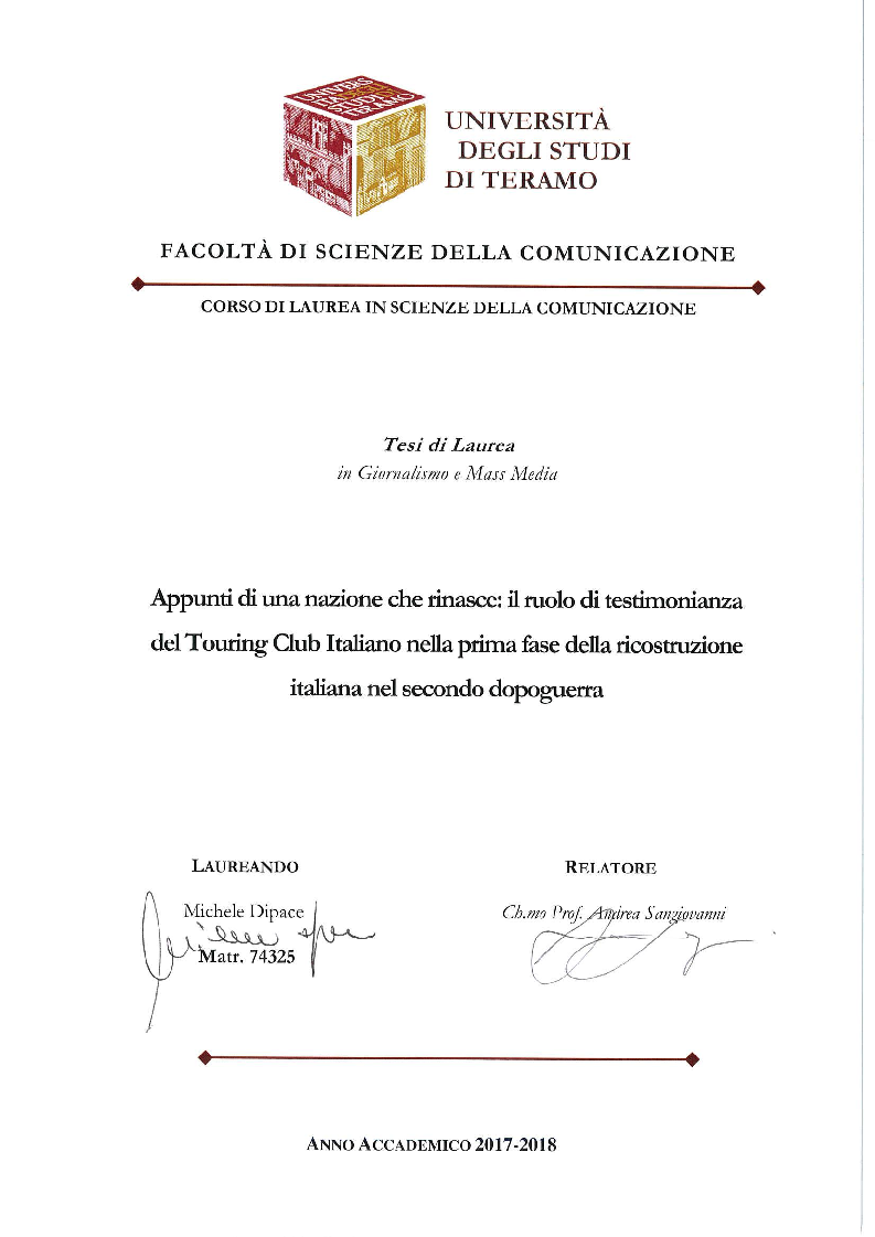 Anteprima della tesi: Appunti di una nazione che rinasce: il ruolo di testimonianza del Touring Club Italiano nella prima fase della ricostruzione italiana nel secondo dopoguerra, Pagina 1