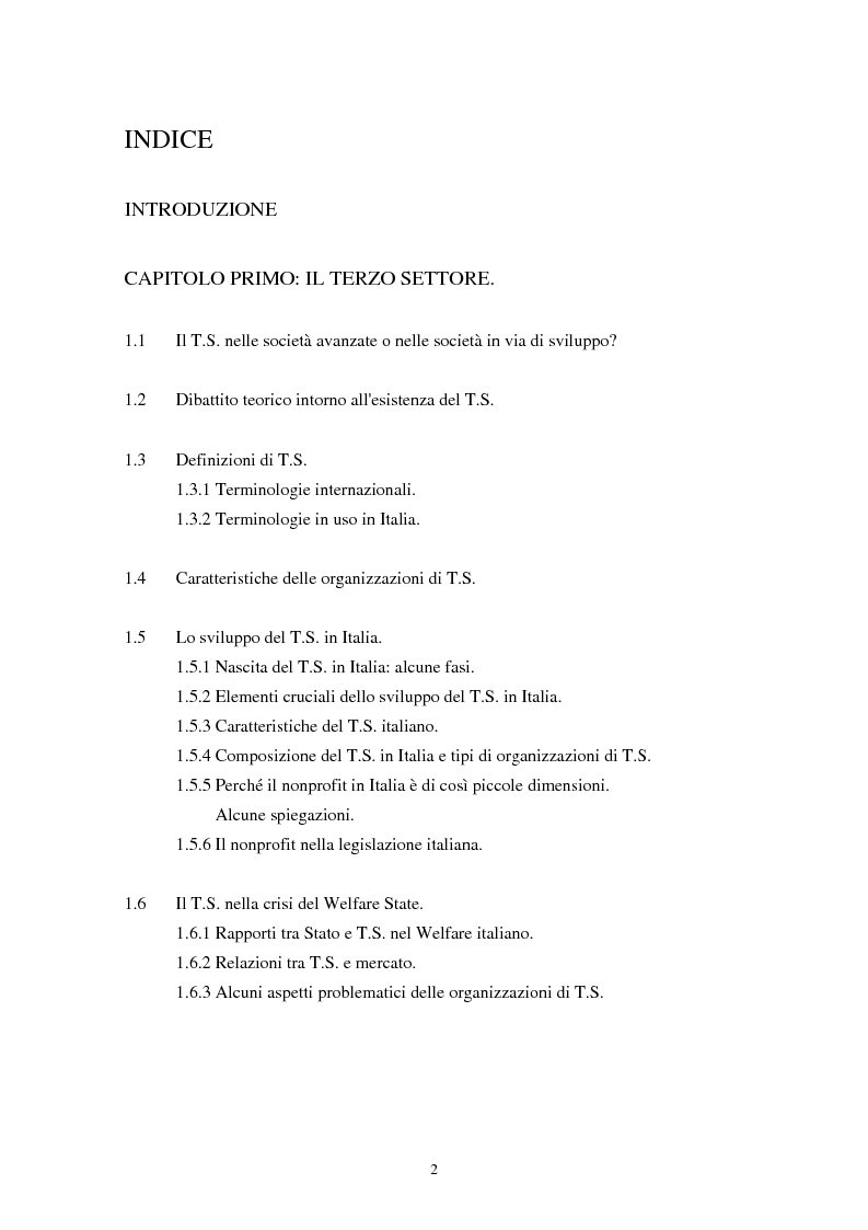 Indice della tesi: Terzo settore: aspetti teorici e analisi di un'organizzazione di volontariato sanitario nell'area dell'emergenza-urgenza, Pagina 1