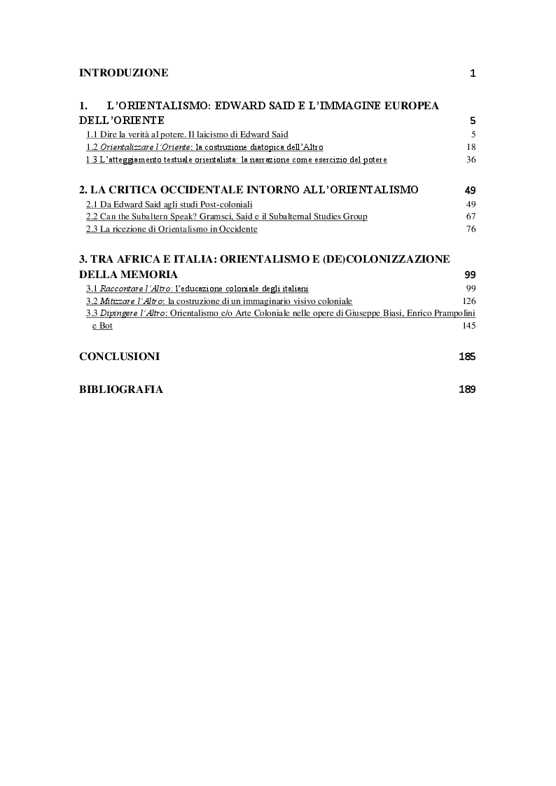 Indice della tesi: L'Orientalismo nella costruzione dell'identità e dell'alterità nell'arte coloniale italiana, Pagina 1