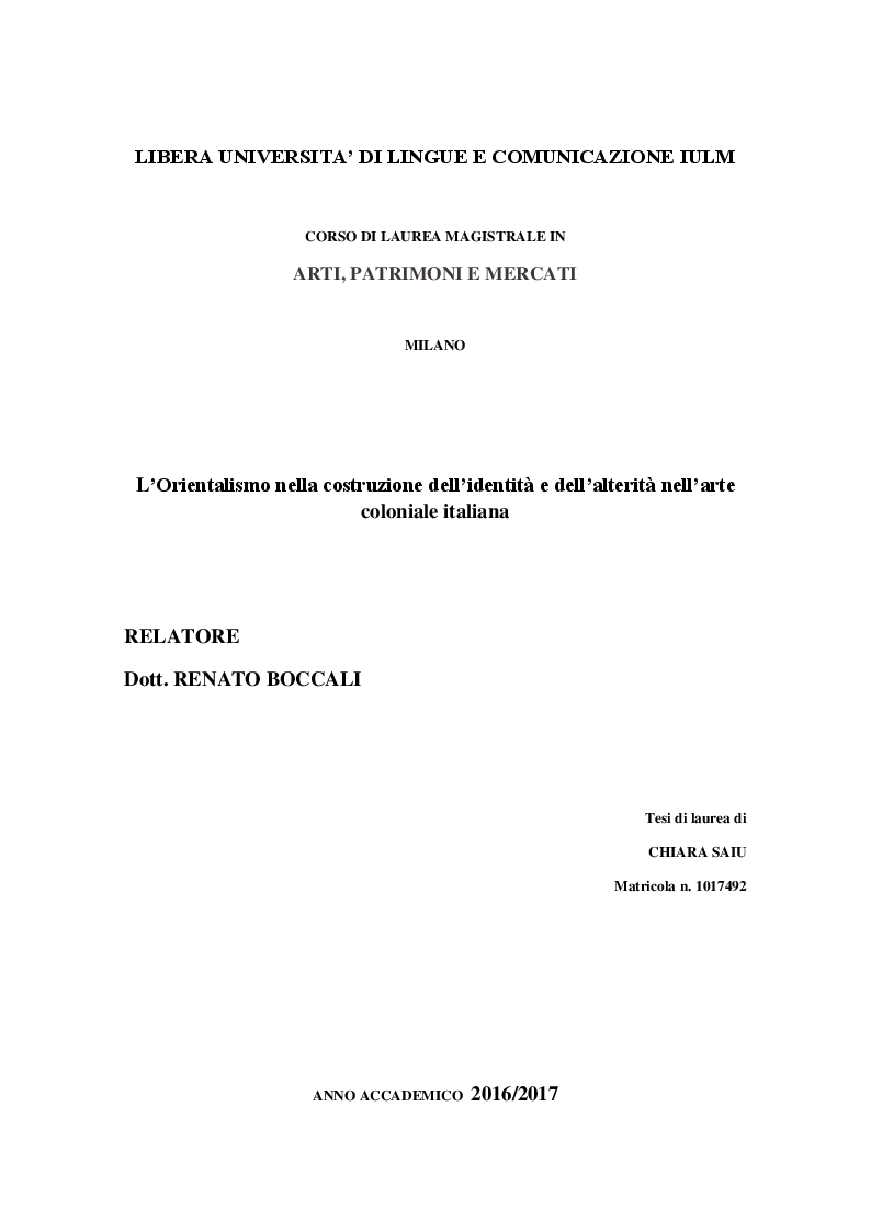 Anteprima della tesi: L'Orientalismo nella costruzione dell'identità e dell'alterità nell'arte coloniale italiana, Pagina 1