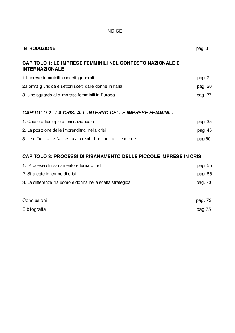Indice della tesi: Le imprese femminili: crisi e processi di risanamento, Pagina 1