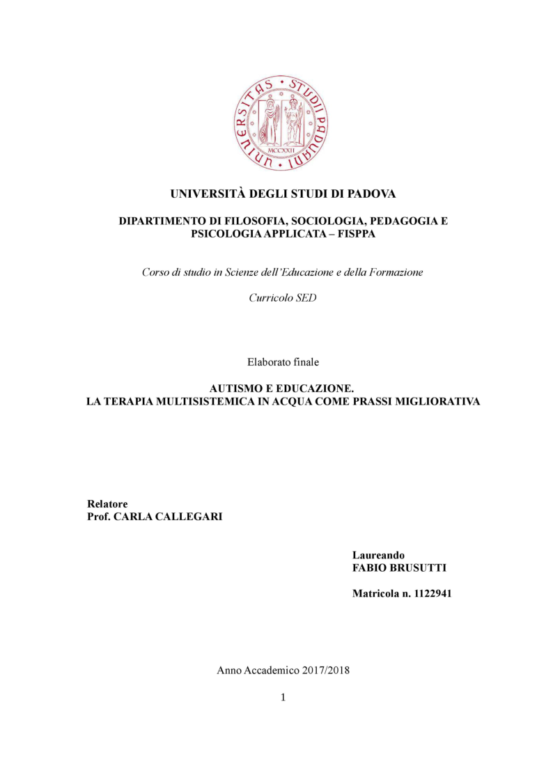 Anteprima della tesi: Autismo e Educazione. La Terapia Multisistemica in Acqua come prassi migliorativa., Pagina 1