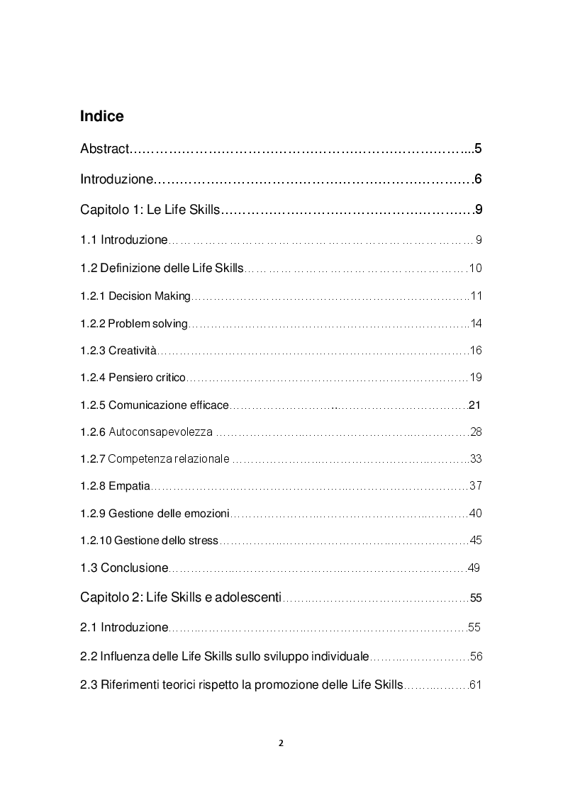 Indice della tesi: Promozione delle Life Skills negli adolescenti: descrizione e validazione di un protocollo di ricerca attraverso le nuove tecnologie, Pagina 1
