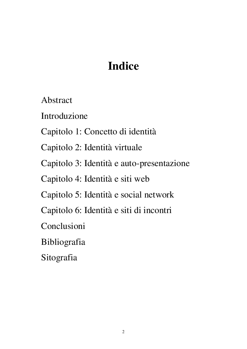 Indice della tesi: Identità personale e virtuale: due facce della stessa medaglia, Pagina 1