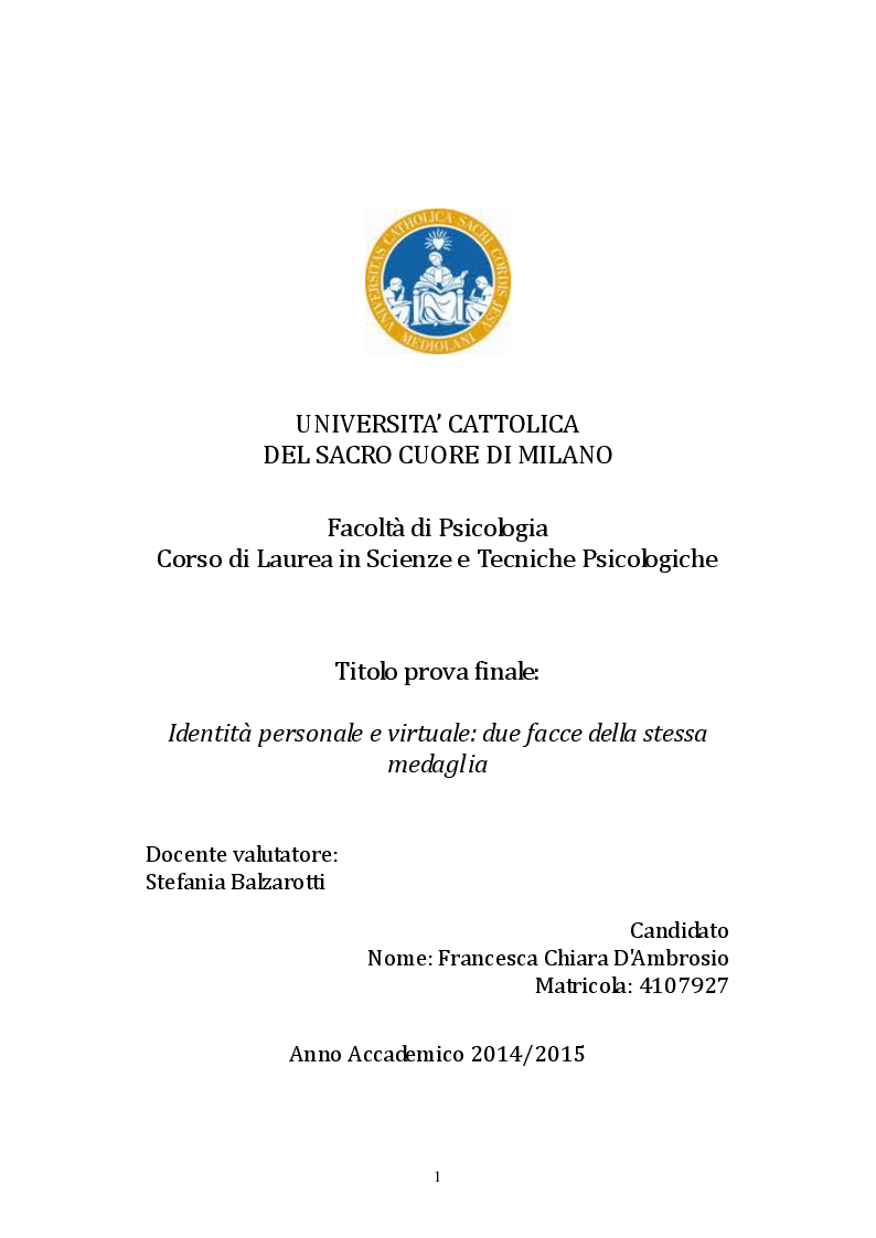 Anteprima della tesi: Identità personale e virtuale: due facce della stessa medaglia, Pagina 1