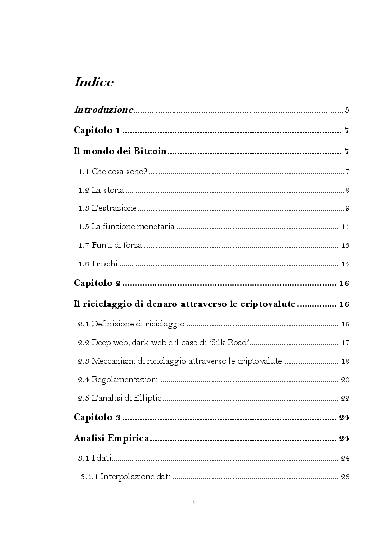 Indice della tesi: L'utilizzo di Bitcoin nel riciclaggio di denaro sporco: un'analisi empirica sulle segnalazioni UIF, Pagina 1