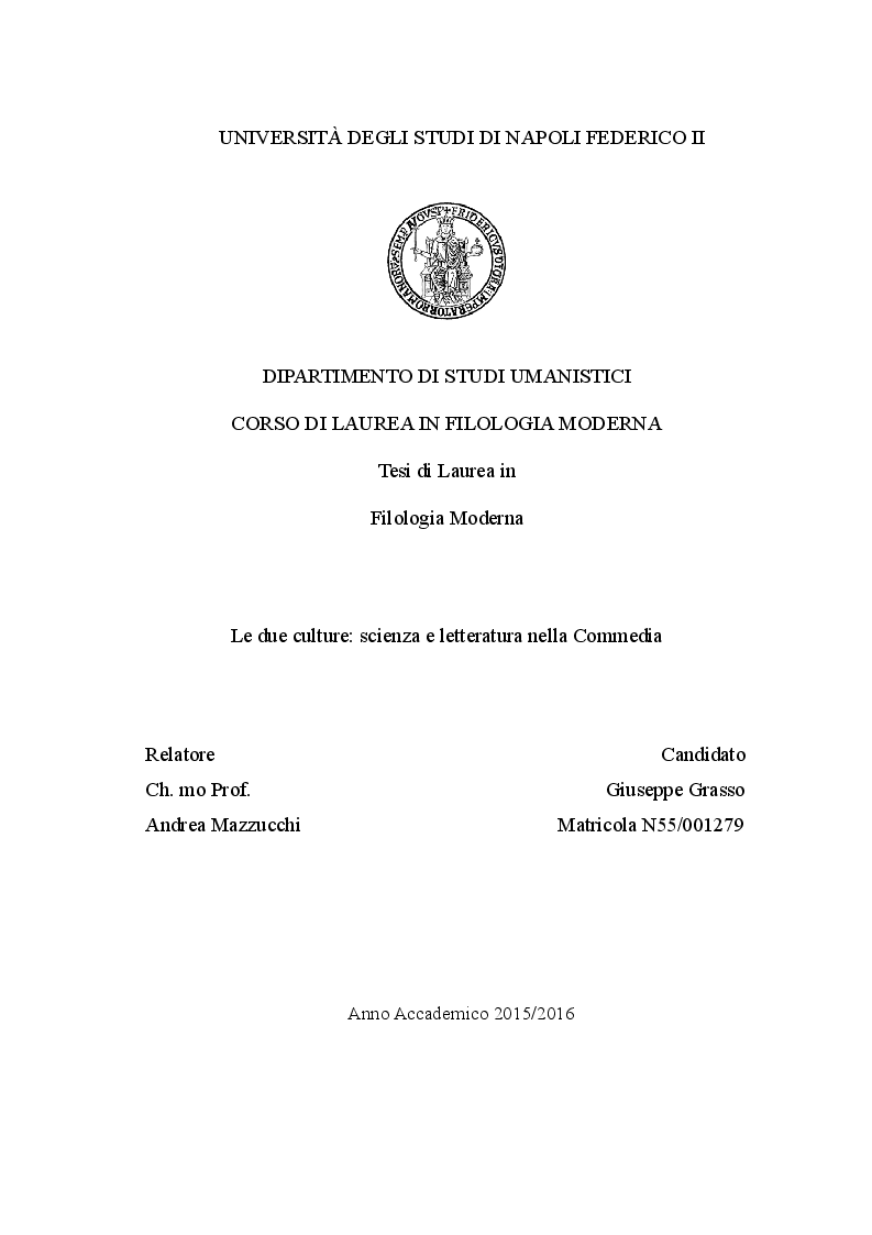Anteprima della tesi: Le due culture: scienza e letteratura nella Commedia, Pagina 1