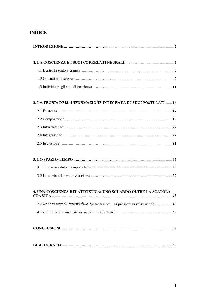 Indice della tesi: La coscienza nella Teoria dell'Informazione Integrata: una prospettiva relativistica, Pagina 1