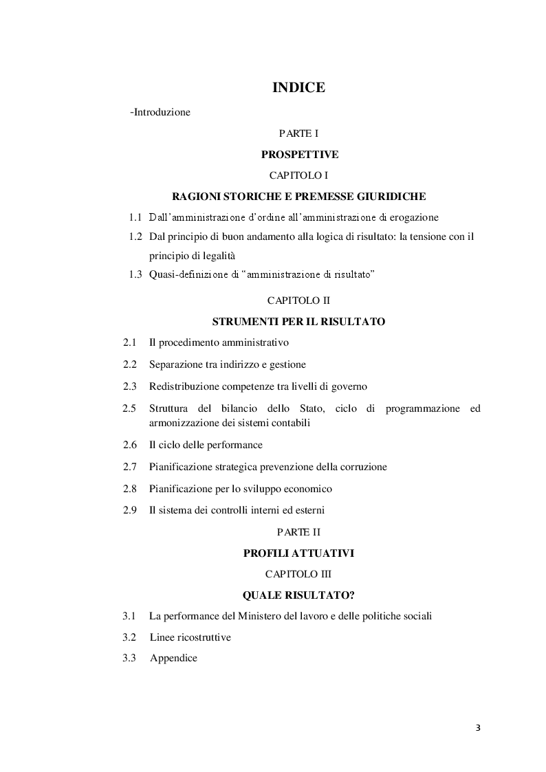 Indice della tesi: Amministrazione di risultato: prospettive e profili attuativi, Pagina 1