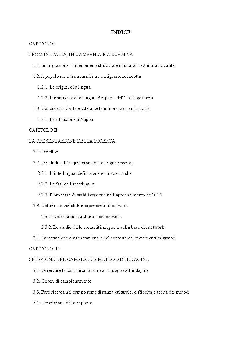 Indice della tesi: Aspetti morfosintattici dell'italiano L2 di madrelingua romanès, Pagina 1