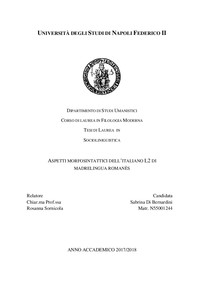 Anteprima della tesi: Aspetti morfosintattici dell'italiano L2 di madrelingua romanès, Pagina 1