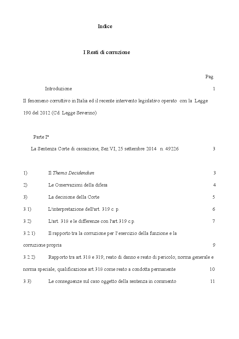 Indice della tesi: I reati di corruzione, Pagina 1