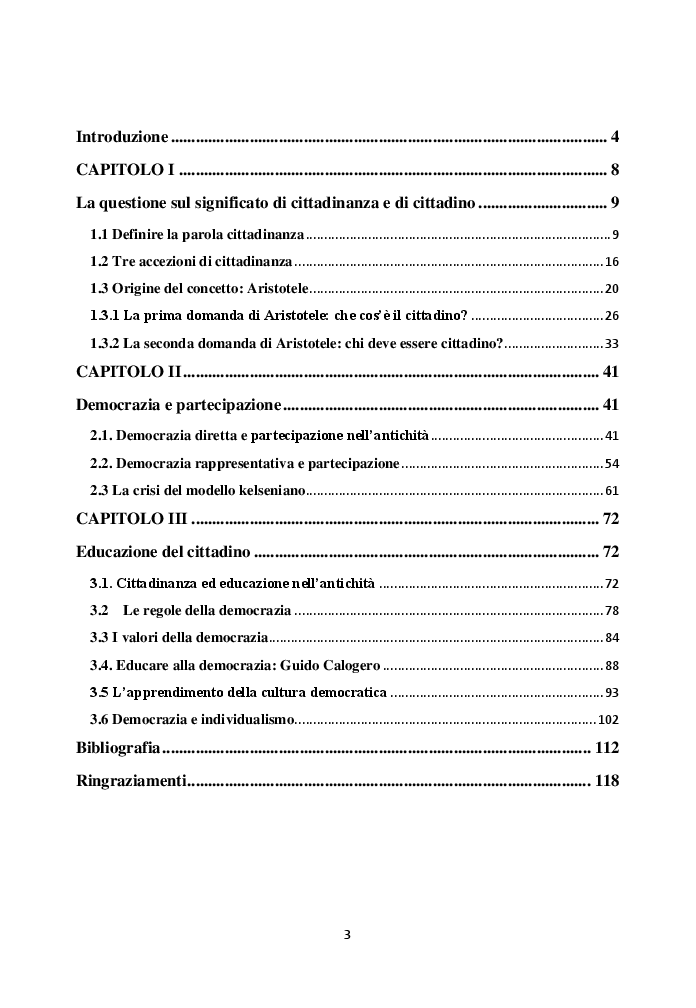 Indice della tesi: Cittadinanza e l'educazione del cittadino, Pagina 1