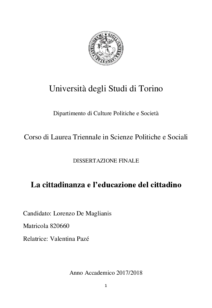 Anteprima della tesi: Cittadinanza e l'educazione del cittadino, Pagina 1