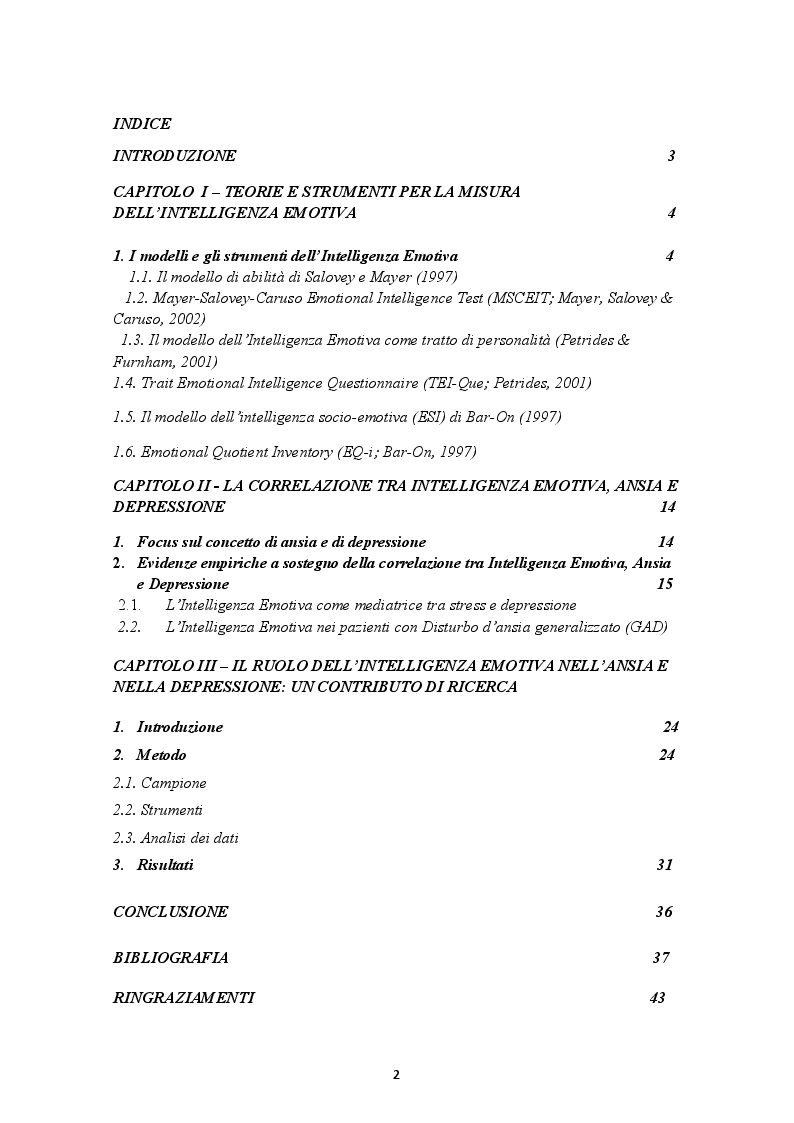 Indice della tesi: Il ruolo dell'Intelligenza Emotiva nell'Ansia e nella Depressione, Pagina 1